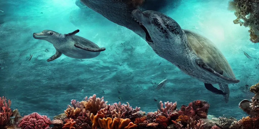 Image similar to underwater shipwreck surrounded by coral and dolphins and sea turtles, caustics, shallow depth of field, moody lighting, 8 k, concept art,