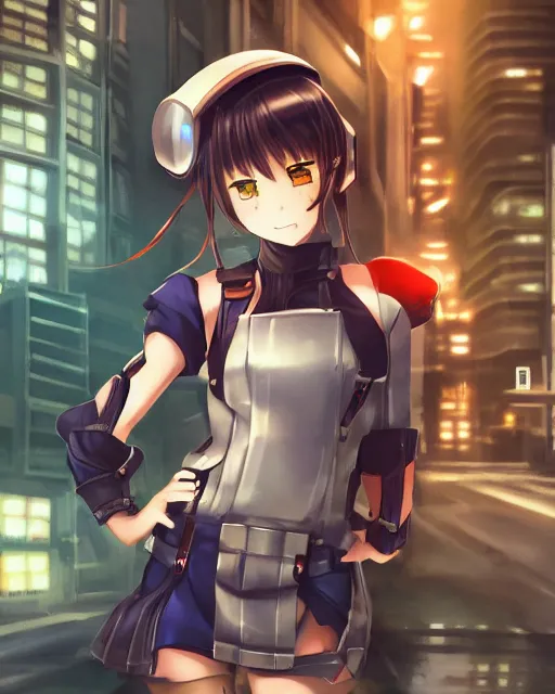 Image similar to full body image of anime girl in mechanic armor in night tokyo by makoto sinkai, perfect faces, fine details