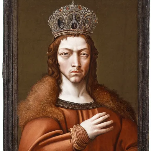 Image similar to a renaissance style portrait of a wild lion wearing a crown and a cape, dark background