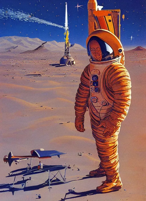 Prompt: an astronaut in the desert by robert mccall