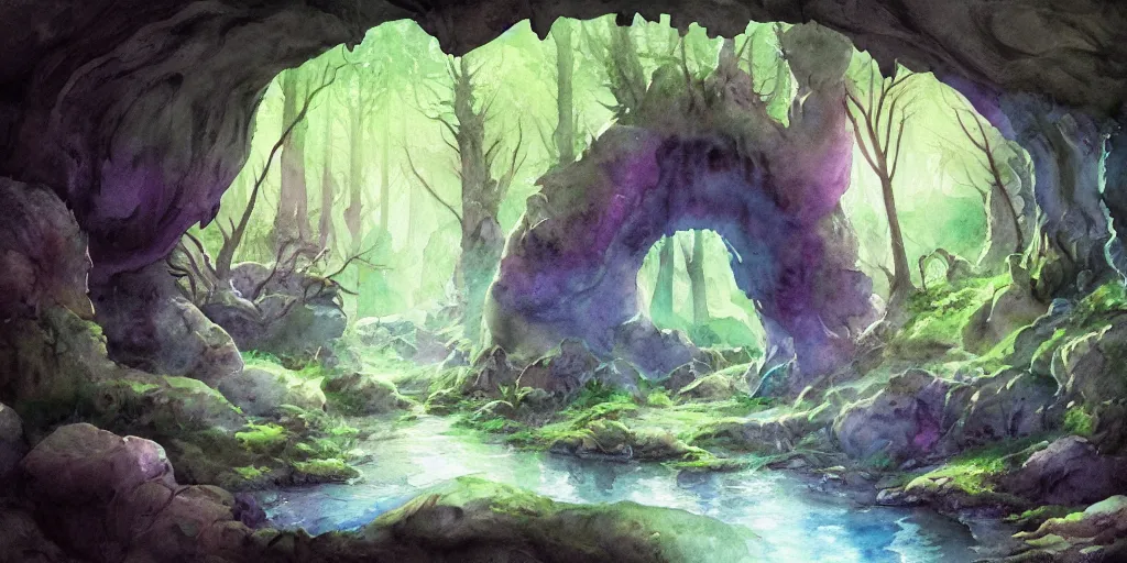 Prompt: cave entrance in the magical forest, exquisite masterpiece watercolor painting, trending on artstation