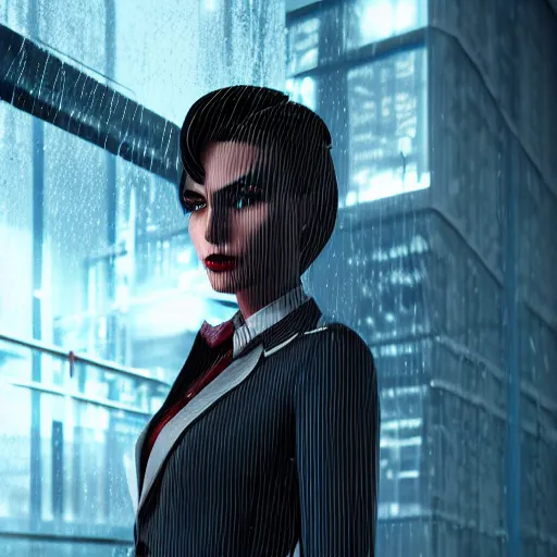 Image similar to stylish woman cartoon portrait made out of rain, pinstripe suit, cyberpunk background, rendered in octane, unreal engine, highly detailed, trending on artstation, realistic, neon, beautiful