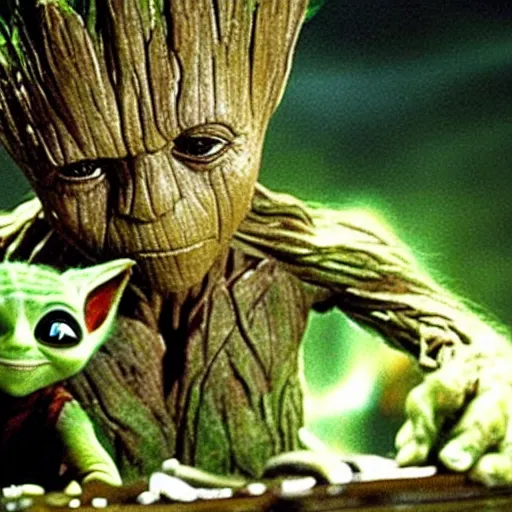 Image similar to Film still of Groot chilling out with Yoda, from Star Wars The Empire Strikes Back (1980)