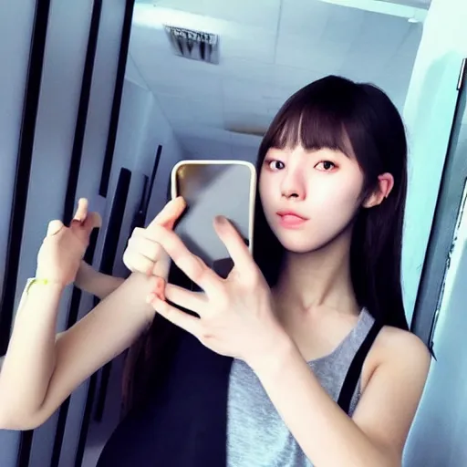 Image similar to cute beautiful korean university student, 2 0 2 2, wearing tank top, ulzzang, mirror selfie, pinterest, trending on instagram, unreal engine, aesthetic