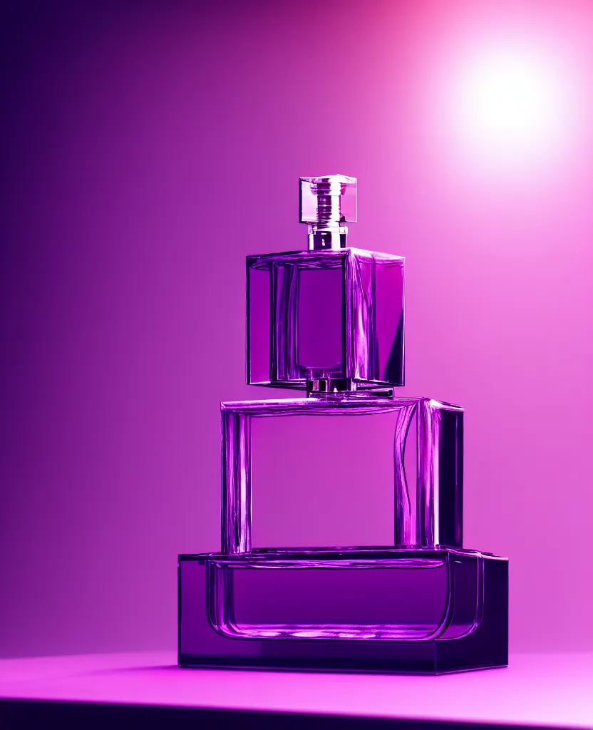 Prompt: close up shot of one premium perfume bottle containing purple liquid, the bottle is placed on a table, the bottle is in the middle of the scene, dust in the background, cinematic lighting!, spotlight, ultra detail, commercial, designer product, cinematic lighting, hd artstation, symmetrical, rendered, 4k