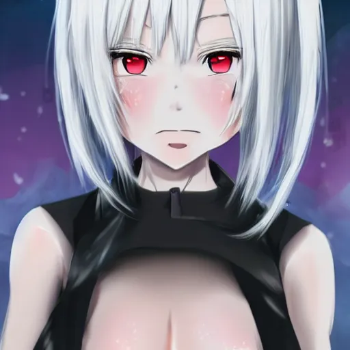 Prompt: white hair, red eyes, two little horn on the head, anime style, anime girl