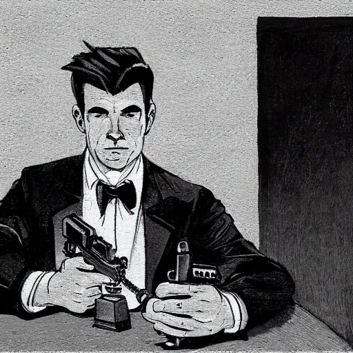 Image similar to A man in a black suit in a living room at night pointing a suppressor pistol at the camera, realistic, cinematic