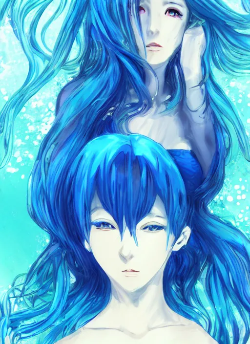 Image similar to a woman with blue hair sitting underwater, a beautiful anime drawing by yuumei, featured on pixiv, pixiv, seapunk, very anime anime!! detailed