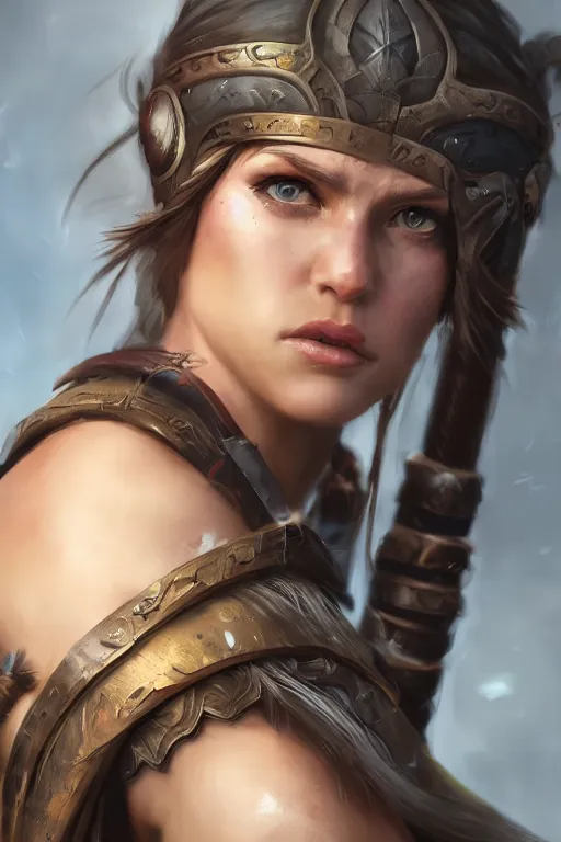 Image similar to head and shoulders focus portrait of a barbarian female high quality focus by wlop and rosstran