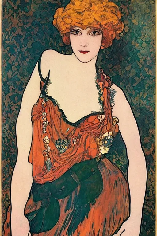 Prompt: portrait en buste of flapper girl of the roaring 20s by Aubrey Beardsley, Alphonse Mucha Gustav Klimt, Maxfield Parrish, Gerda Wegener, Henri de Toulouse-Lautrec, bold moody colors, flamboyant clothes, roaring twenties