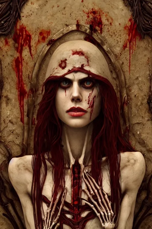 Image similar to woman black skeleton body covered with blood, alexandra daddario face, long red hair, ultra realistic, concept art, intricate details, highly detailed, photorealistic, octane render, 8 k, unreal engine. retro film still, heavy grain, 3 5 mm, art by artgerm and greg rutkowski and alphonse mucha