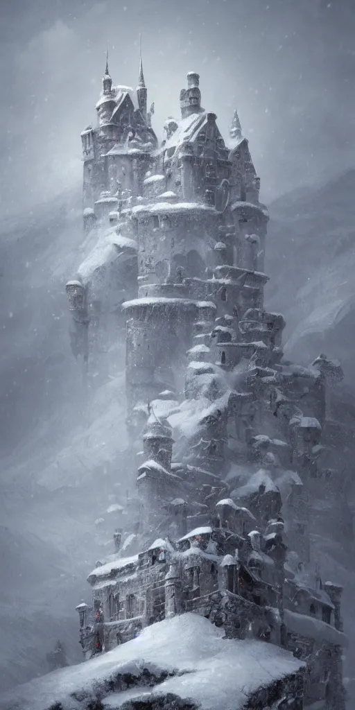 Image similar to a abandoned castle on the top of a snowy mountain, greg rutkowski, 8 k, shallow depth of field, intricate detail, concept art,