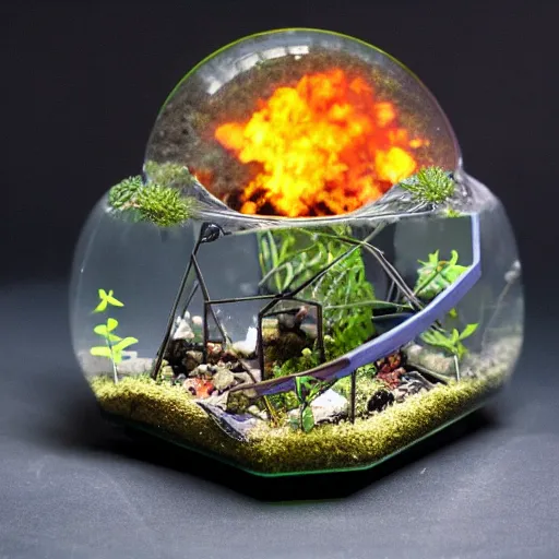Image similar to a terrarium with nuclear reaction having meltdown diorama inside on top of a minimalist table, lit from the side