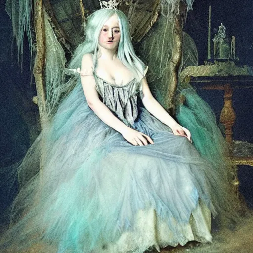 Image similar to A silver haired mad, narcissistic, ghost like fairy princess from the 18th century, dressed in a ragged, dirty, Queen Victoria's wedding dress, sits alone in her scarry underwater palace. mystical, atmospheric, greenish blue tones, underwater photography, concept art by Annie Stegg Gerard, Ian David Soar, John Anster Fitzgerald, and John Everett Millais