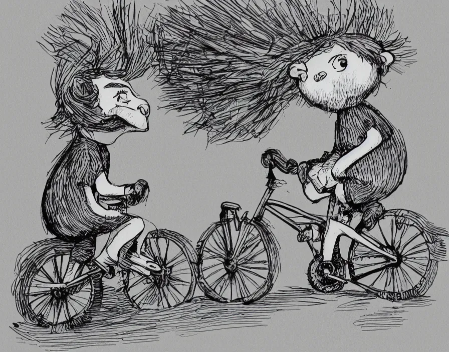 Prompt: book illustration of a little troll riding a bicycle, book illustration, monochromatic, white background, black and white image