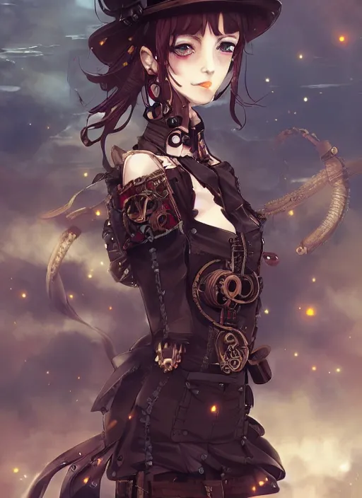 Image similar to steampunk themed anime girl with a steampunk robotic crow on her shoulder, finely detailed, portrait, beautiful, cinematic lighting, made by wlop, artgerm, illustration