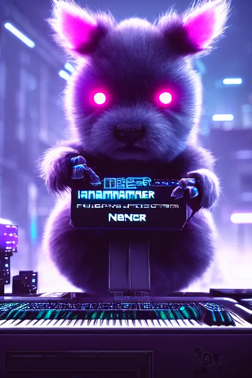 Image similar to high quality 3 d render sci - fi very cute neuromancer fluffy! mutant cow hybrid! playing keyboard, highly detailed, unreal engine cinematic smooth, in the style of blade runner & detective pikachu, hannah yata charlie immer, blue light, low angle, uhd 8 k, sharp focus