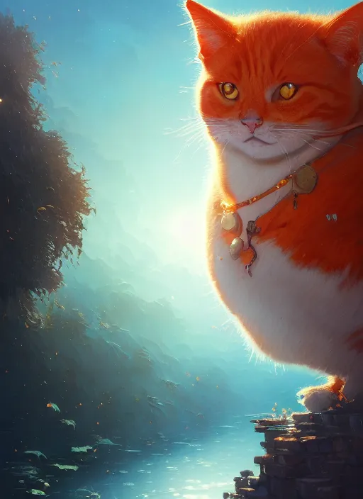 Prompt: highly detailed portrait of fat orange cat, stephen bliss, unreal engine, fantasy art by greg rutkowski, loish, rhads, ferdinand knab, makoto shinkai and lois van baarle, ilya kuvshinov, rossdraws, tom bagshaw, global illumination, radiant light, detailed and intricate environment