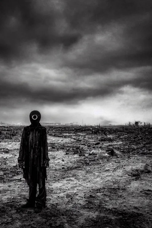 Image similar to the grotesque masked face of the watcher standing in a post apocalyptic wasteland, epic scene, dark, wet, dismal, grotesque mask, horror vibe, twilight, dark, dusk, stormy, black and white, atmospheric, moody lighting, grainy, gritty, epic