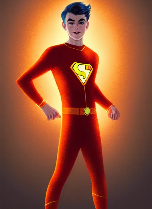 Image similar to kind teenage archie andrews wearing an orange superhero costume, freckles, superhero costume with heart emblem, cape, intricate, elegant, glowing lights, highly detailed, digital painting, artstation, sharp focus, illustration, art by wlop, mars ravelo and greg rutkowski