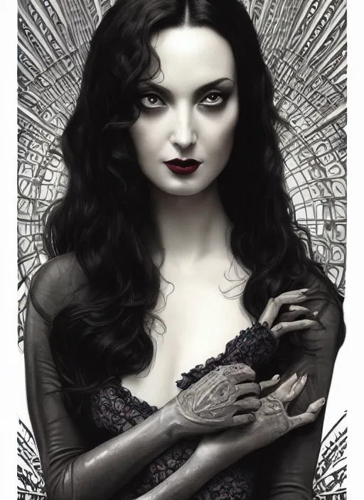 Image similar to ana de armas as morticia addams, masterpiece, intricate, elegant, highly detailed, digital painting, artstation, concept art, smooth, sharp focus, illustration, art by artgerm and greg rutkowski and alphonse mucha and uang guangjian and gil elvgren and sachin teng, symmetry!!