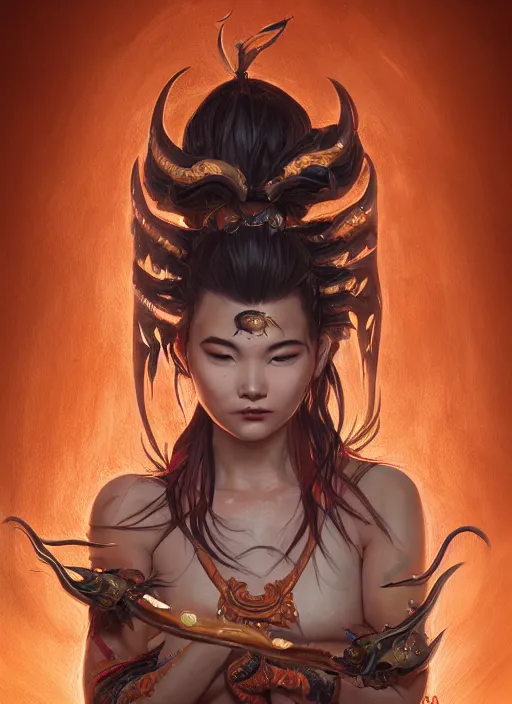 Image similar to a beautiful detailed oil on copper art illustration of a waka onna mask shogun dragon devil woman, centered, by charlie bowater, zeng fanzh, trending on artstation, dim dusk lighting, cinematic lighting, detailed lighting, volumetric lighting, realistic, f 8, 4 k hd wallpaper