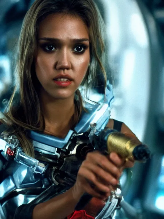 Image similar to hyperdetailed close shot of young jessica alba as space pirate, fine - face, pretty face