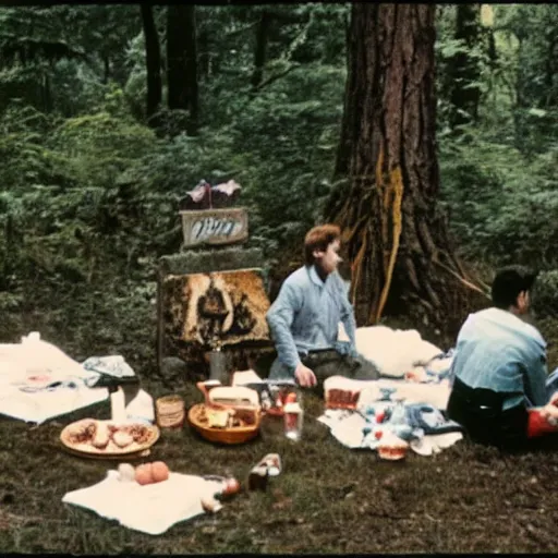 Image similar to ted bundy having a picnic at bohemian grove