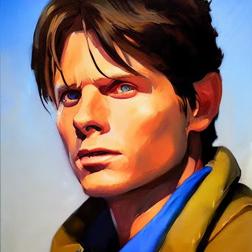 Image similar to greg manchess portrait painting of marty mcfly from back to the future as overwatch character, medium shot, asymmetrical, profile picture, organic painting, sunny day, matte painting, bold shapes, hard edges, street art, trending on artstation, by huang guangjian, gil elvgren, ruan jia, randy vargas, greg rutkowski