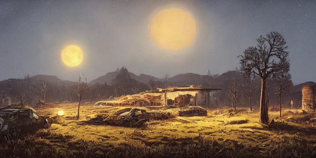 Prompt: abandoned civilisation at night, moonlight lighting on one full moon, landscape painted by simon stalenhag