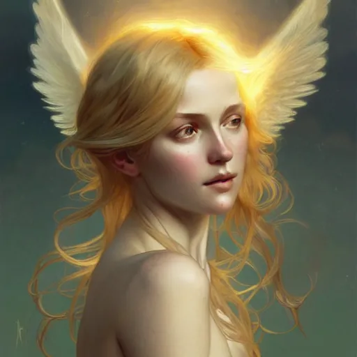 Image similar to Girl angel with elegant and delicate wings blonde hair and glowing halo, fantasy, intricate, elegant, highly detailed, digital painting, artstation, concept art, smooth, sharp focus, illustration, art by Krenz Cushart and Artem Demura and alphonse mucha