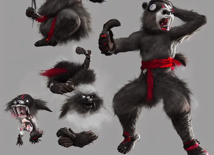 Image similar to extremely scary angry tough rough looking ninja panda. japanese ninja warrior character, scary, gruffness, interesting 3 d character concept by square enix, in the style of league of legends, hyper detailed, cinematic, final fantasy, character concept, ray tracing, fur details, maya, c 4 d, artstation