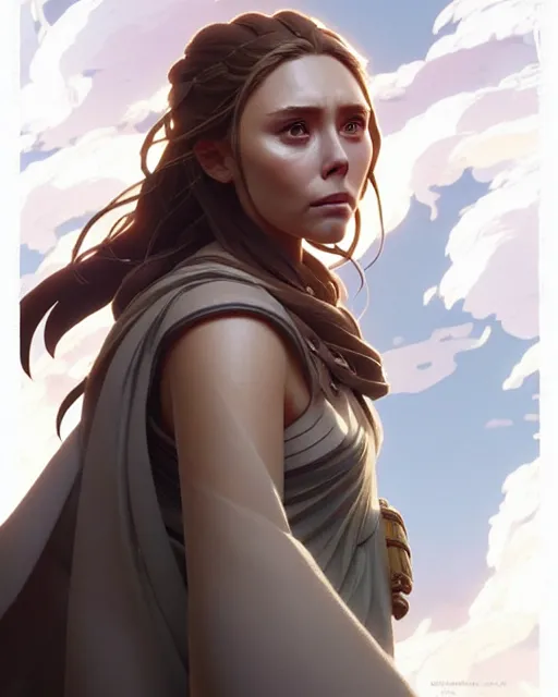 Image similar to azctec warrior, elizabeth olsen, detailed perfect face, exquisite details, fire magic, mid view, design on a white background, by studio muti, greg rutkowski makoto shinkai takashi takeuchi studio ghibli