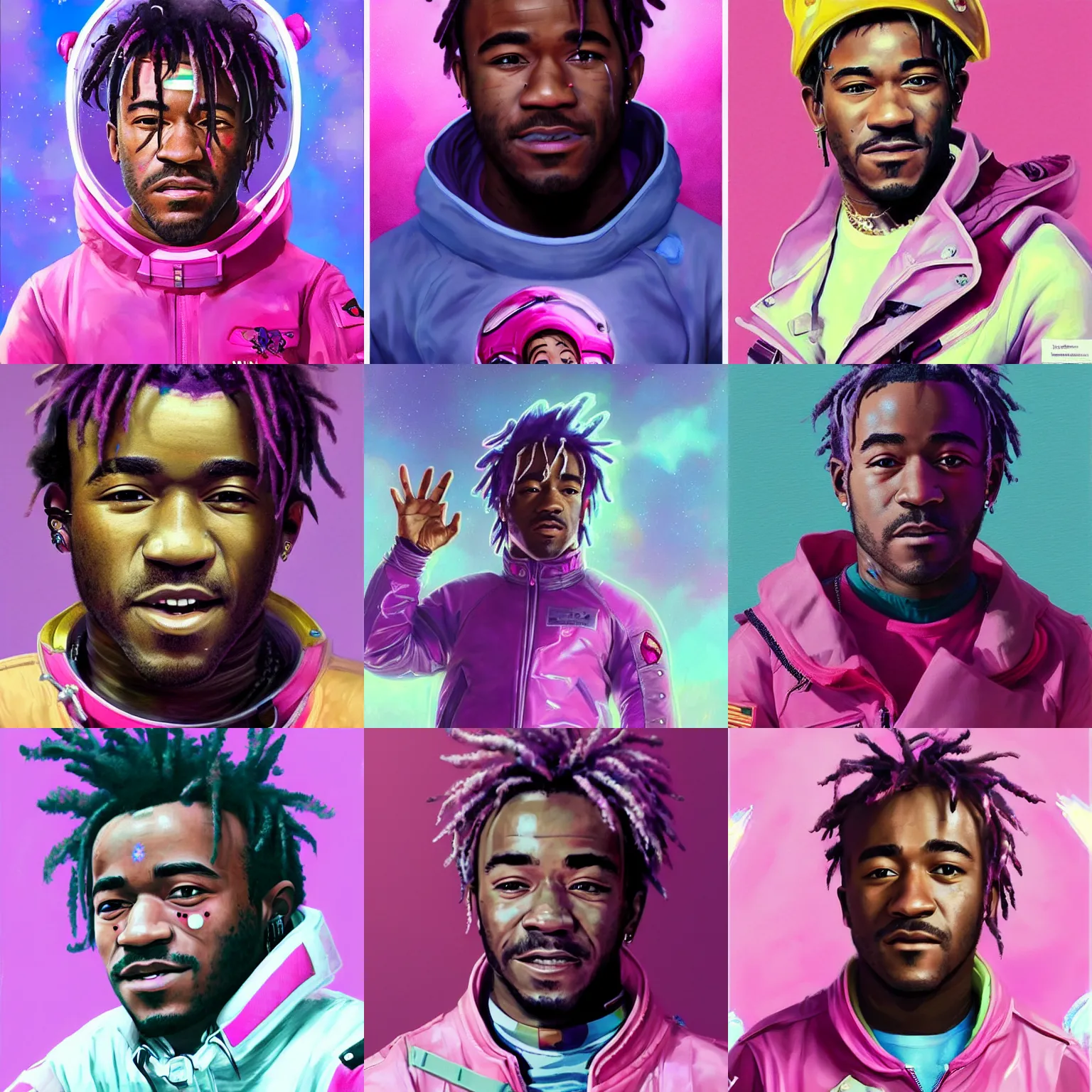 Prompt: Portrait of Lil Uzi Vert wearing a pink spacesuit, surreal background, digital art by Krenz Cushart, trending on artstation, cgsociety, Lil Uzi Vert