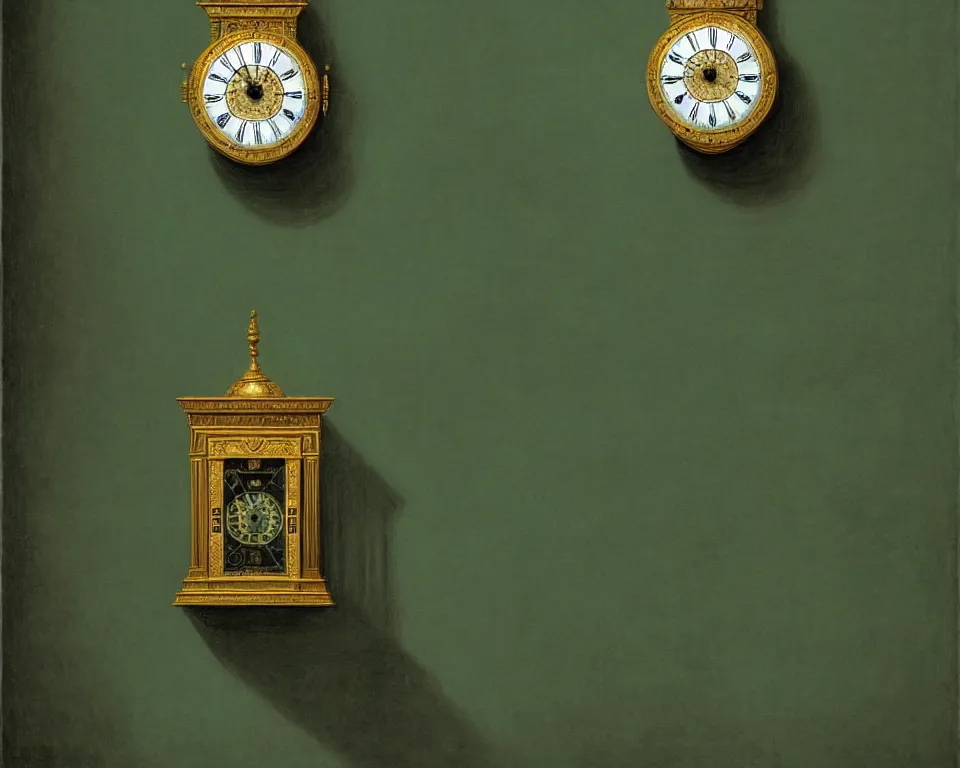 Prompt: an achingly beautiful print of hundreds of ornate clocks on a dark green wall by Raphael, Hopper, and Rene Magritte. detailed, romantic, enchanting, trending on artstation.