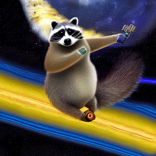 Image similar to fat raccoon skating through space, colorful, realistic, photorealism