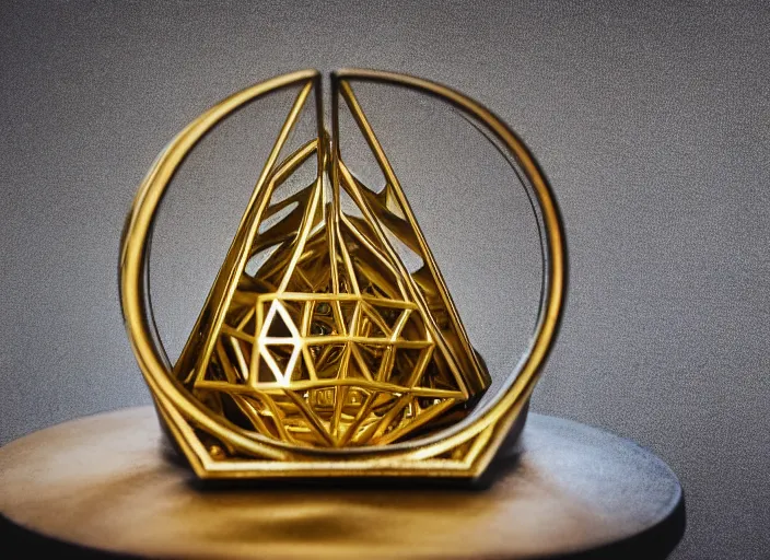 Image similar to a reflective symmetrical polyhedral 3 d printed steel engineering trophy at a high end bar in a medieval themed castle in golden afternoon light, professional food photography