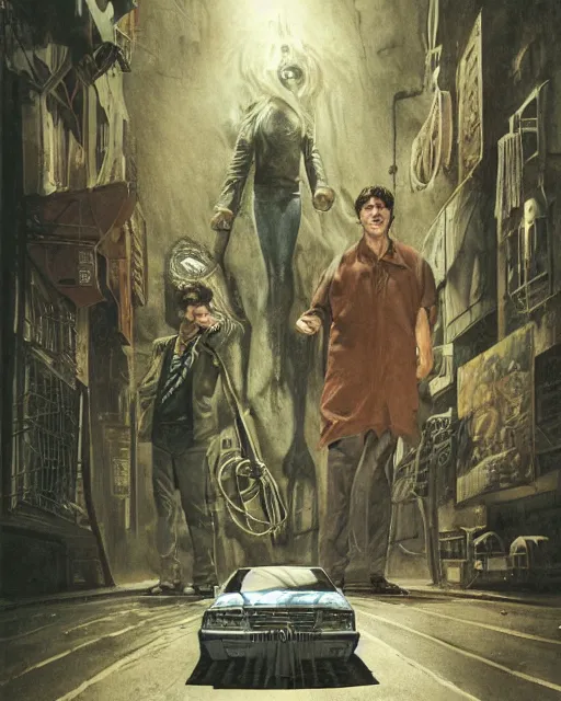 Prompt: illustration from the 2 0 0 0 s supernatural thriller'when the wallower rolls ', a high quality high detail painting by david mattingly and alan lee and dave mckean and richard corben, hd 4 k 8 k, realistic hyperdetailed scene painting, photorealistic lighting, urban horror aesthetic, composition and scene layout inspired by gregory crewdson and joshua hoffne.