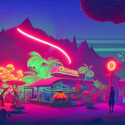 Prompt: a bioluminescent neon tropical market by paolo eleuteri serpieri and tomer hanuka and chesley bonestell and daniel merriam and tomokazu matsuyama, unreal engine, high resolution render, featured on artstation, octane, 8 k, highly intricate details, vivid colors, vector illustration