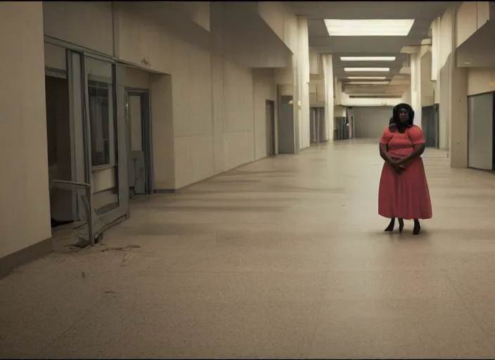 Image similar to cinematic shot of octavia spencer in an abandoned mall, iconic scene from the paranoid thriller sci fi film directed by stanley kubrick, 2 4 mm anamorphic lens, moody strange cinematography, beautiful composition, color theory, leading lines, photorealistic, moody volumetric lighting