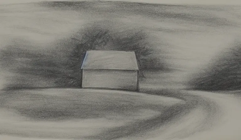 Image similar to A serene landscape with a singular building in the style of charcoal sketch on craft paper