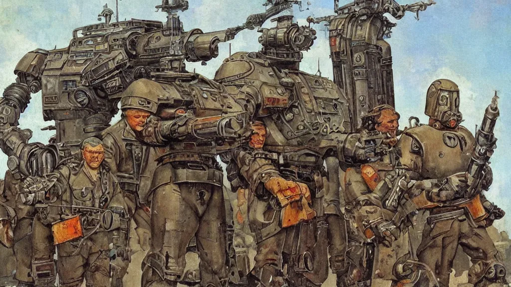 Image similar to Soviet mechs in the style of Norman Rockwell, sci-fi illustrations, highly detailed, award-winning, patriotic, soviet, ussr, dark, gritty, ink