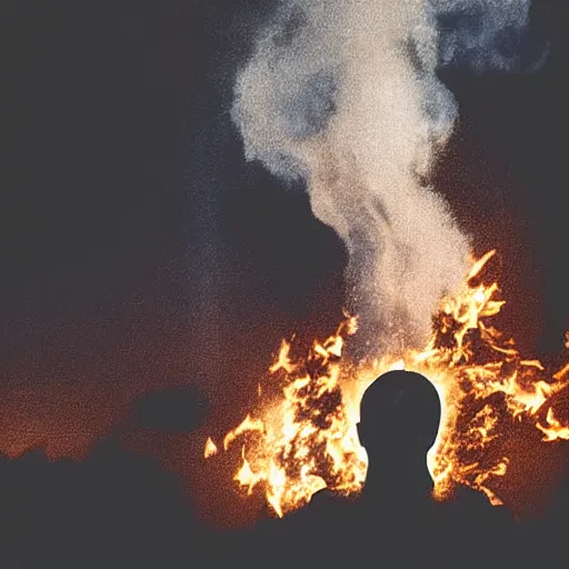 Prompt: burning head cop, centered, at night, mid shot, editorial photography