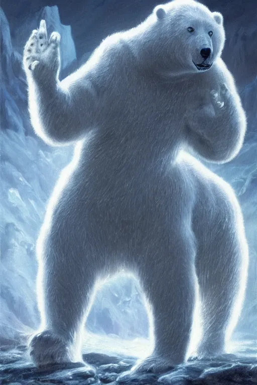 Image similar to invisible polar bear,art by Jeff Easley and Iain McCaig,trending on artstation, gelatinous lighting low angle view,photorealistic,hdr,narrative realism ,futuresynth ,cubism ,