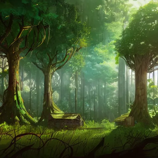 Image similar to concept art painting of a forest with treehouses made of trees and roots, doors and windows inside trees, vines, deep forest, realistic, detailed, cel shaded, in the style of makoto shinkai and greg rutkowski and james gurney