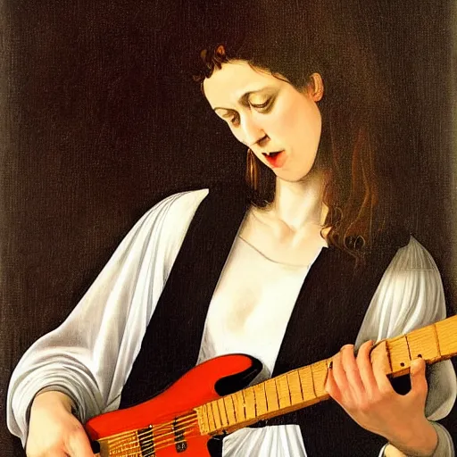 Prompt: St. Vincent playing electric guitar by Caravaggio and Jason Shawn Alexander