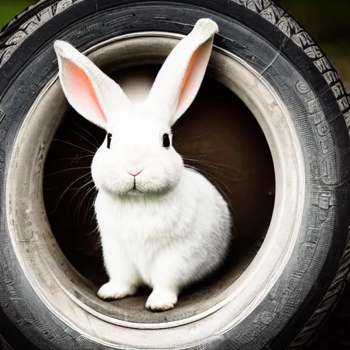 Image similar to a cute bunny sitting on a tire, studio photo, high quality