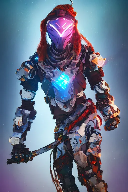 Image similar to combination suit armor aloy horizon forbidden west horizon zero dawn radiating a glowing aura global illumination ray tracing hdr fanart arstation by ian pesty and alena aenami artworks in 4 k tribal robot ninja mask helmet backpack