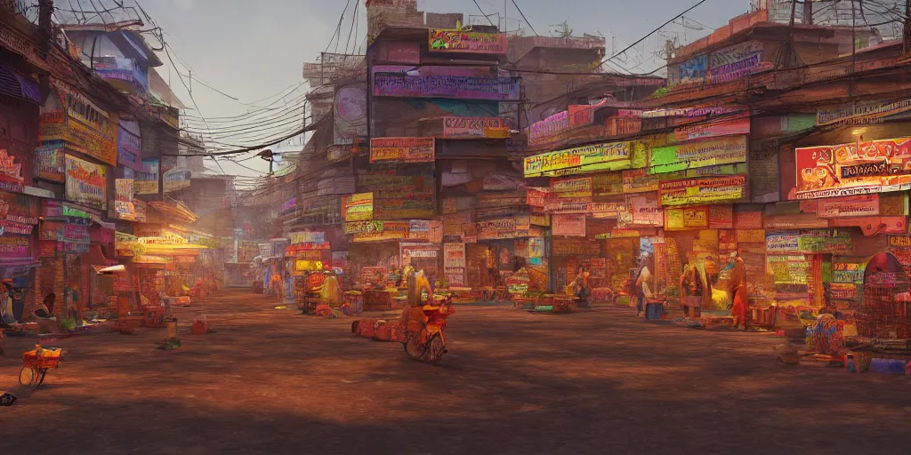 Prompt: hyper realistic indian slum with hindu kovil slum street with shops with neon sign in night, photorealism, unreal engine, 8 k, volumetric lighting, beeple style