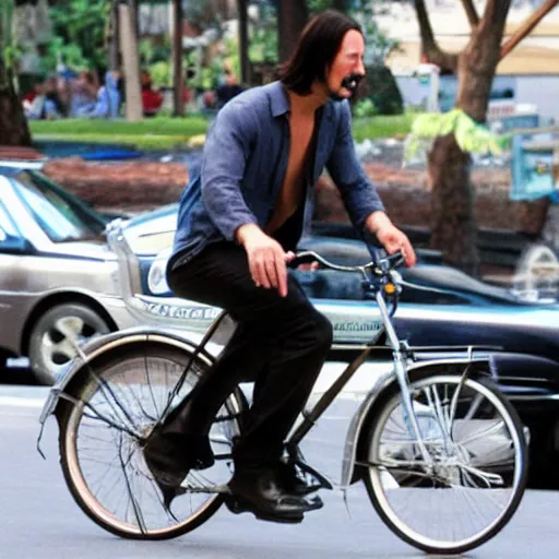 Image similar to Keanu Reeves eating ice cream on a bicycle